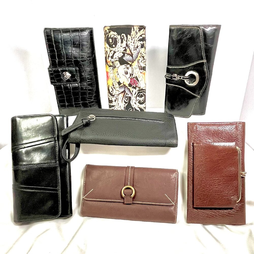 7-Wallet Wardrobe Bundle–Y2K Ed Hardy Tattoo Bifold + Faux & Cowhide Organizers